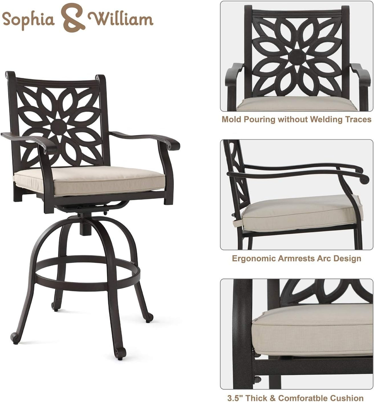 3 Pieces Cast Aluminum Bar Set with 2 Swivel Bar Height Chairs and 1 Square Table H933