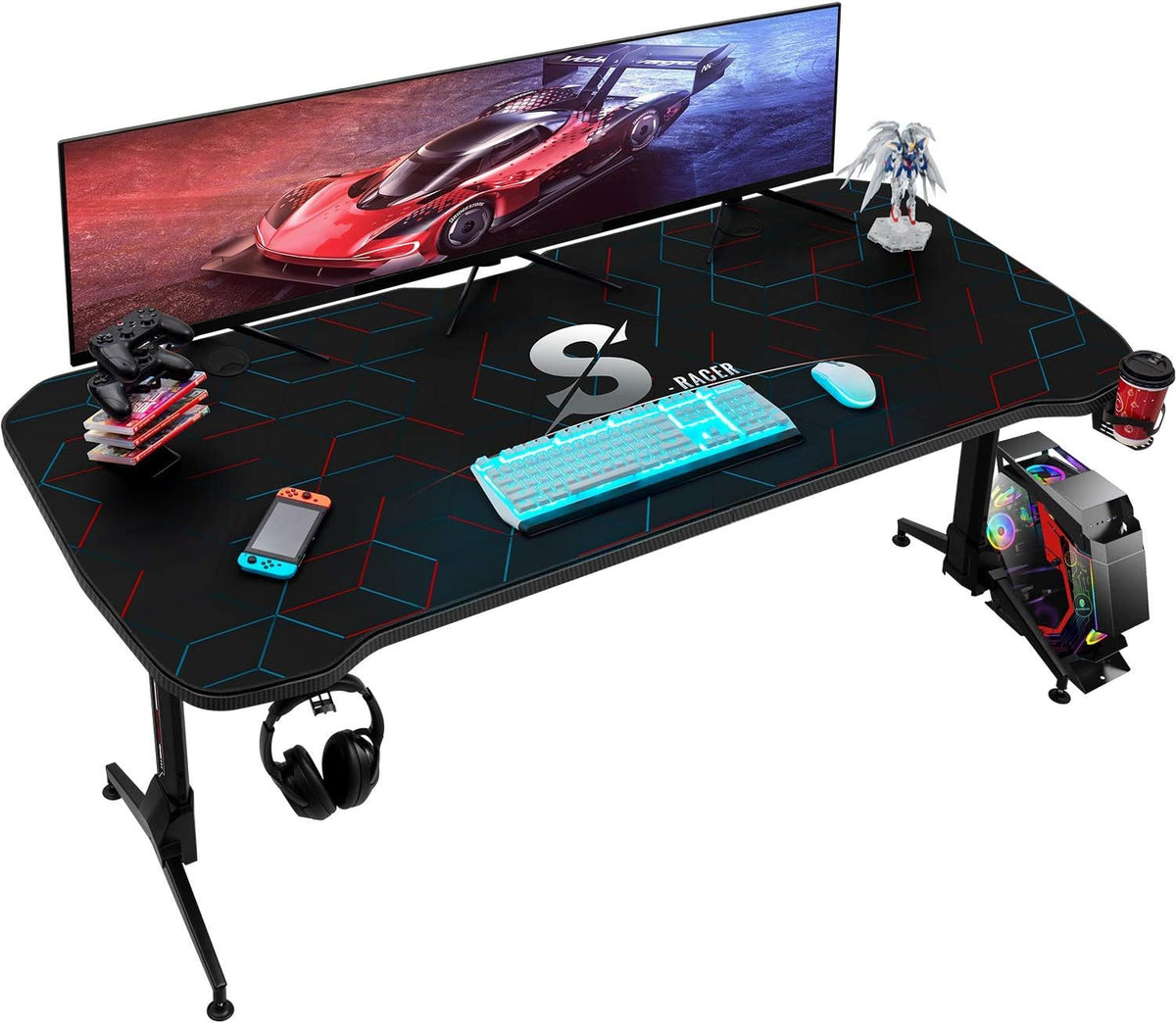 60 Inch T Shape Height Adjustable Gaming Desk with Mouse Pad P19766