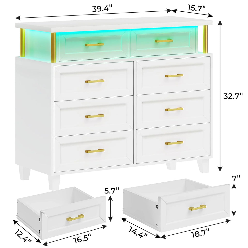 White 8 Drawer Dresser with LED Light A7294