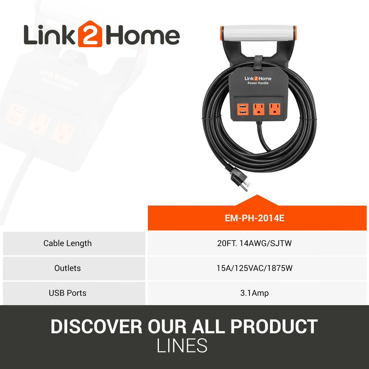20 ft 14AWG 2 Outlets 15A Extension Cord Z1083