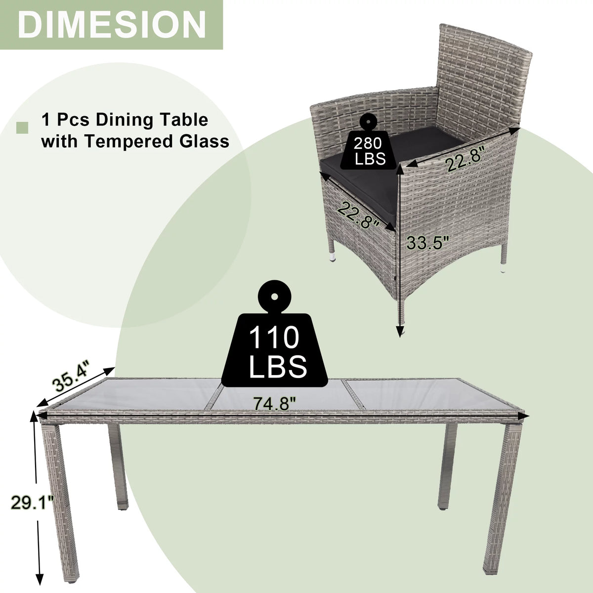 9 Pieces Wicker Outdoor Dining Set with Glass Tabletop and Cushioned Chairs I92990