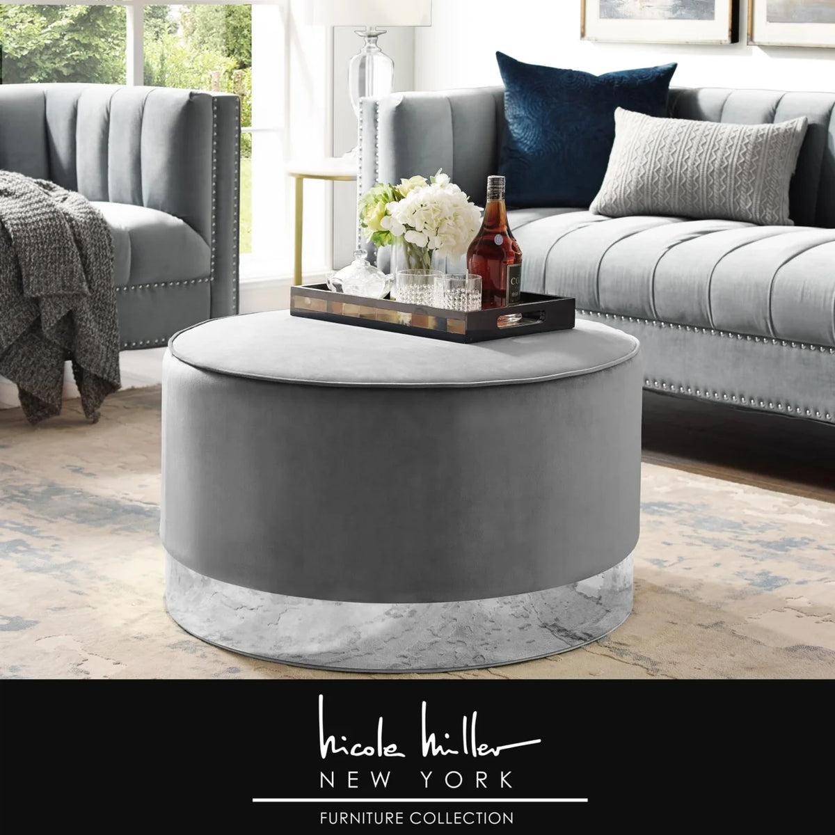 Leather or Velvet Cocktail Ottoman with Chrome or Gold Trim Base Y627