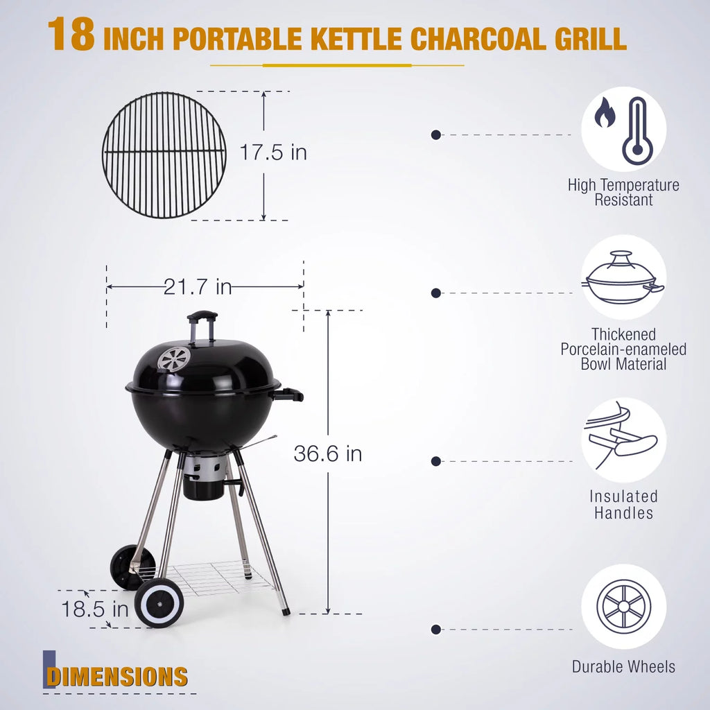 18" Portable Kettle Charcoal BBQ Grill X3379