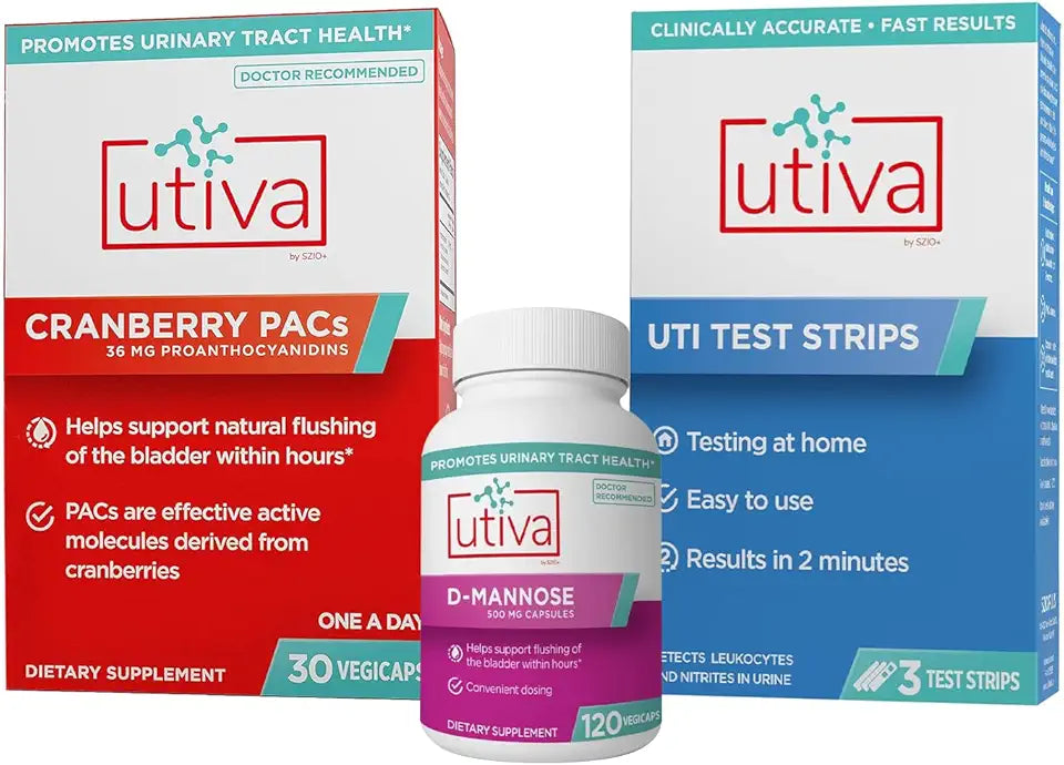 Cranberry PACs 30 Vegi Capsules, D-Mannose 500mg 120 Capsules, UTI Test Strips Z1384