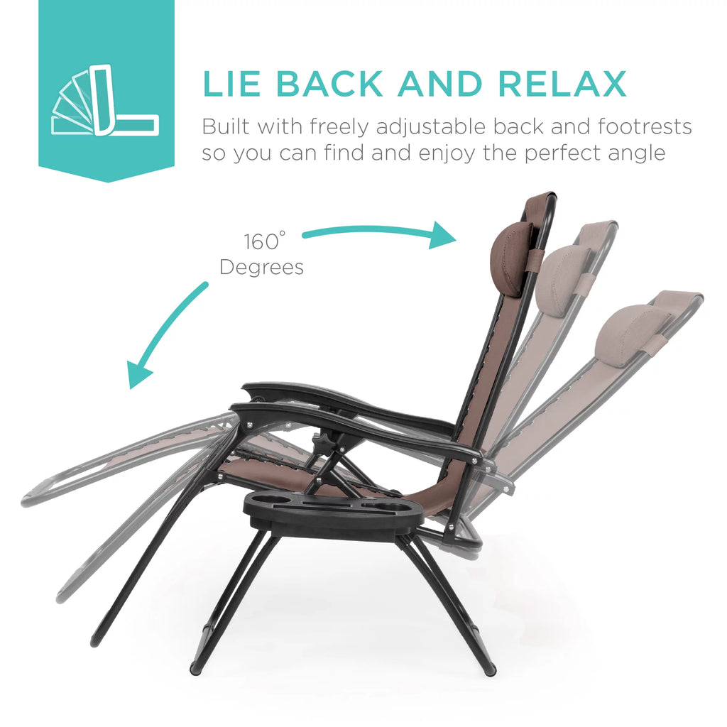 Set of 2 Brown Zero Gravity Lounge Chair Recliners with Cup Holder Tray Y4248