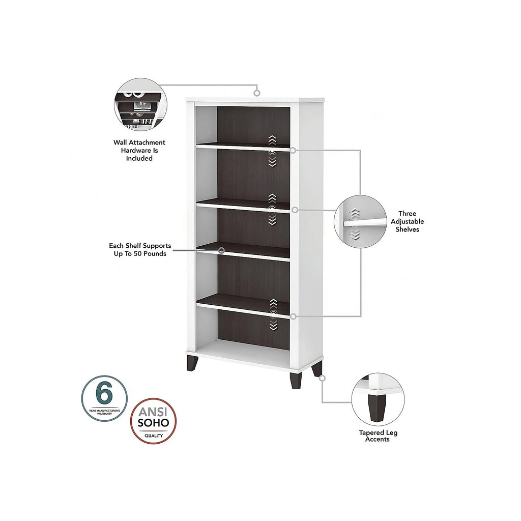 White/Gray Engineered Wood Sit to Stand L Desk Set with Bookcase B797226