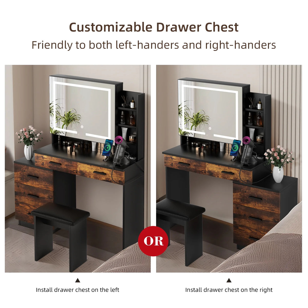 White Makeup Vanity Desk Set with Sliding Mirror and Lights Q3691
