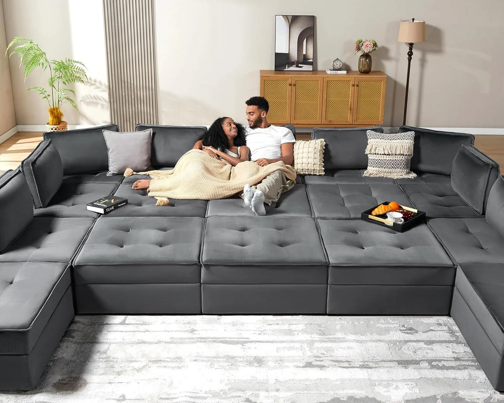 7 Seater Velvet Beige Sectional Sofa C794