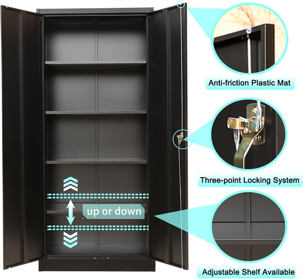 Lockable Black Steel Storage Cabinet with 2 Doors and 4 Shelves U37863