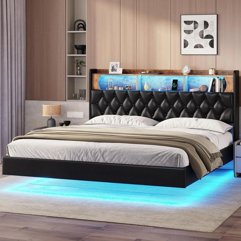 Queen Size Upholstered Platform Bed with LED Light Charging Station Storage Headboard Linen Fabric Dark Grey C6031