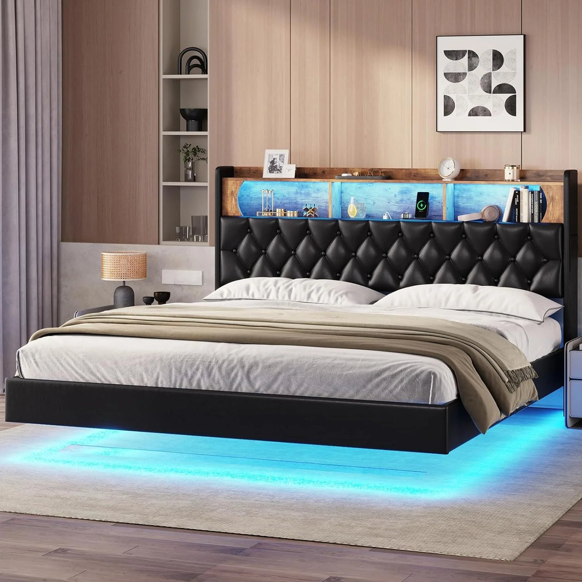 Queen Size Upholstered Platform Bed with LED Light Charging Station Storage Headboard Linen Fabric Dark Grey C6031