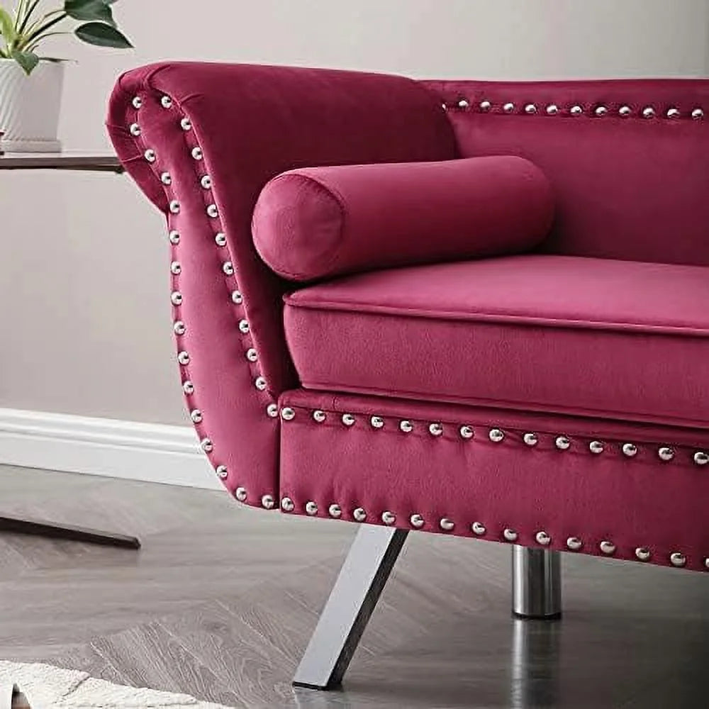 Velvet Ottoman Bench with Back and Silver Metal Legs S411006
