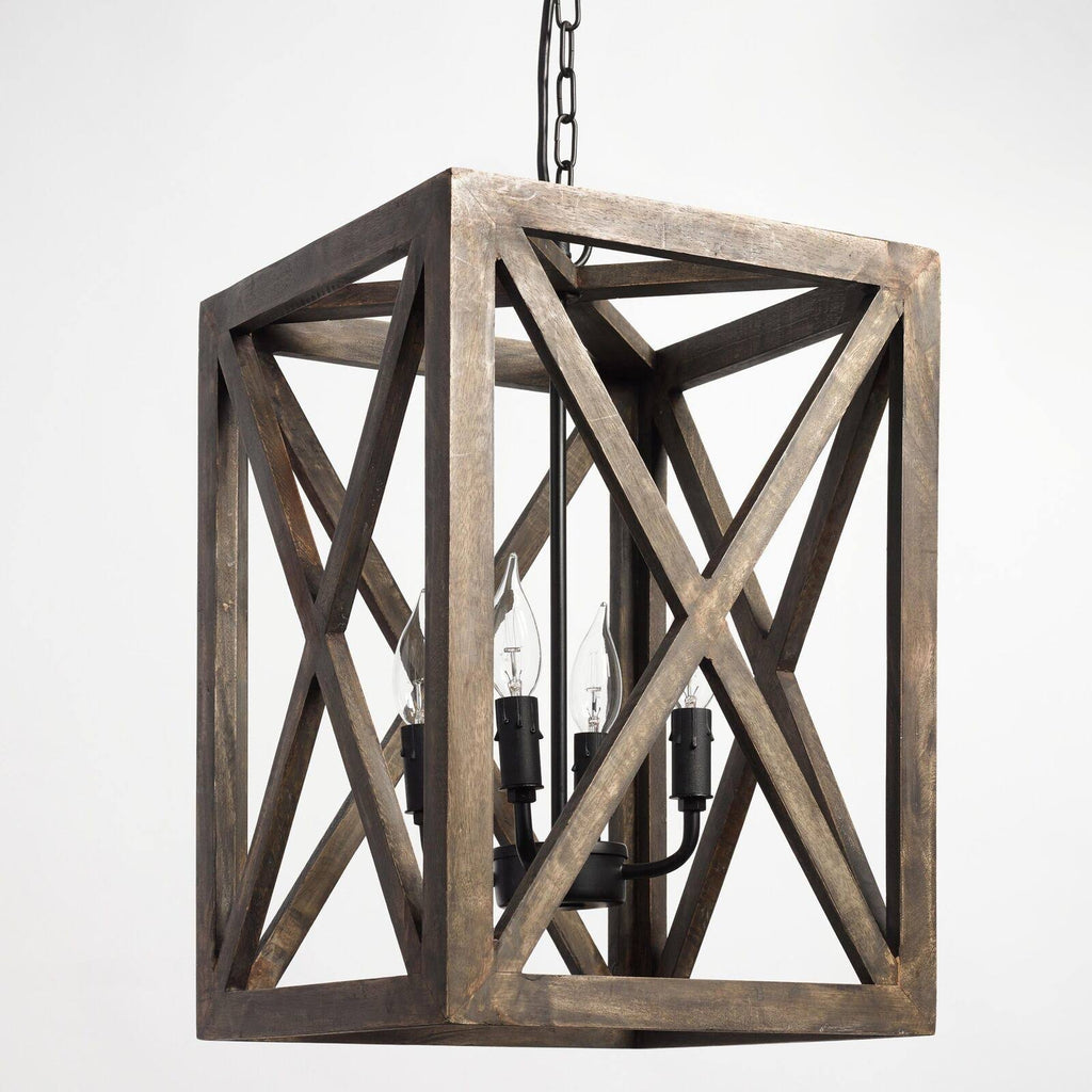 Square Wood & Iron 4-Light Chandelier Y1071