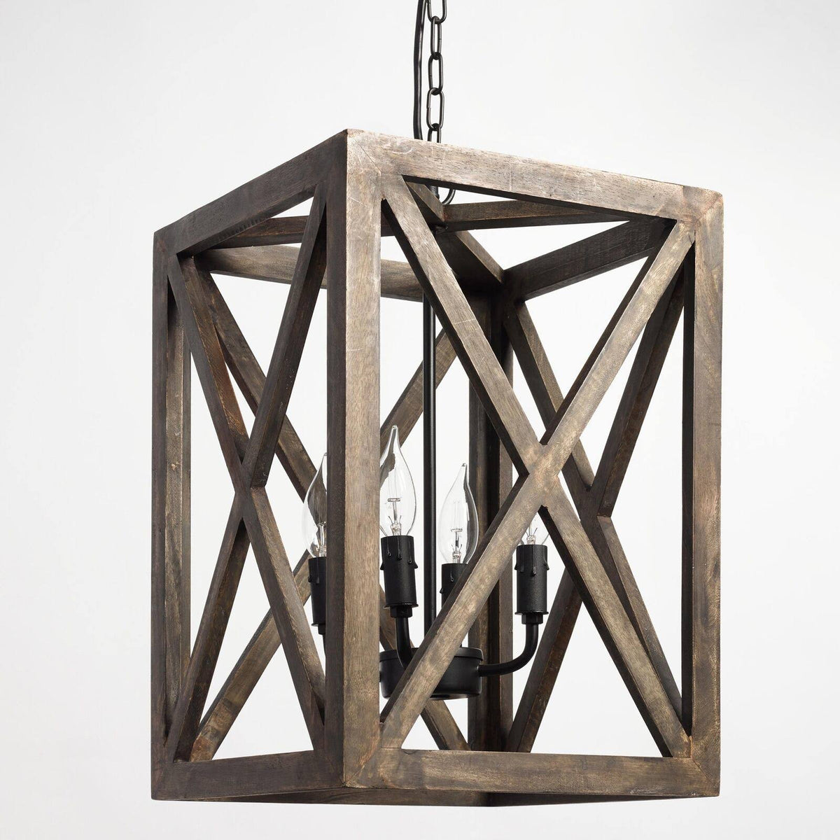 Square Wood & Iron 4-Light Chandelier Y1071