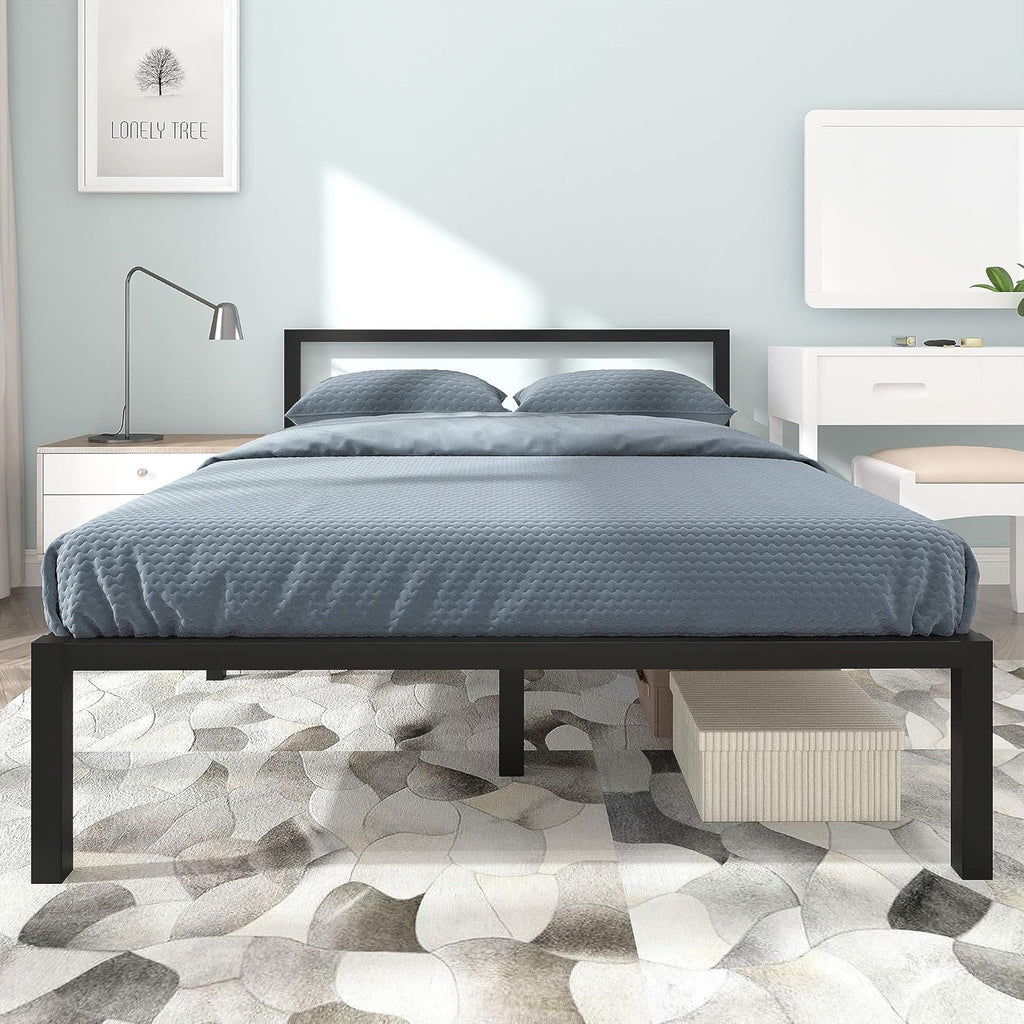 Full Size Black Metal Platform Bed Frame with Headboard E63664