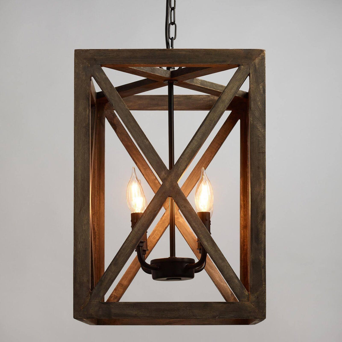 Square Wood & Iron 4-Light Chandelier Y1071