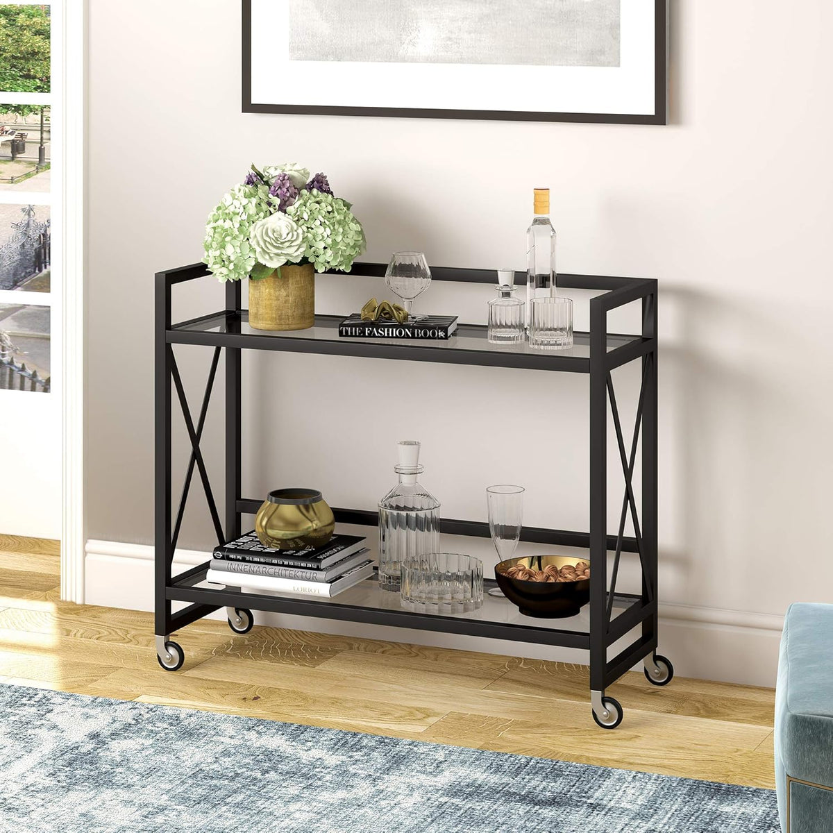 Metal Bar Cart with Glass Shelf S520434