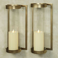 Satin Brass Metal Candle Wall Sconce Pair with Glass Hurricanes J4902