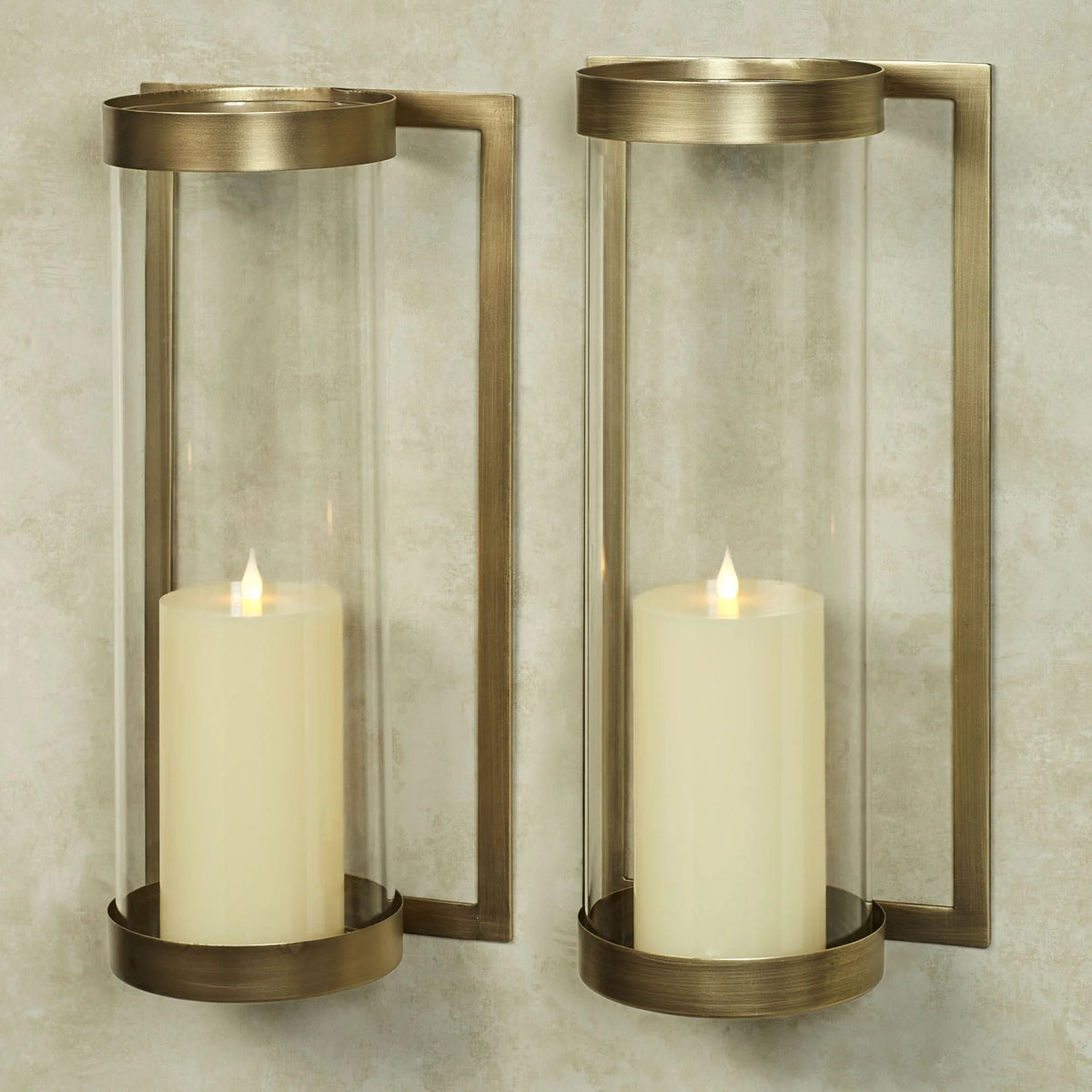 Satin Brass Metal Candle Wall Sconce Pair with Glass Hurricanes J4902