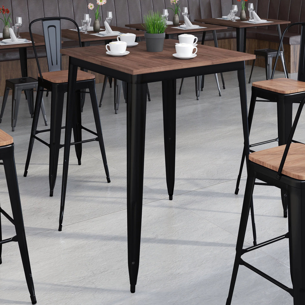 31.5" Square Black Metal Bar Height Table with Walnut Rustic Wood Top A882