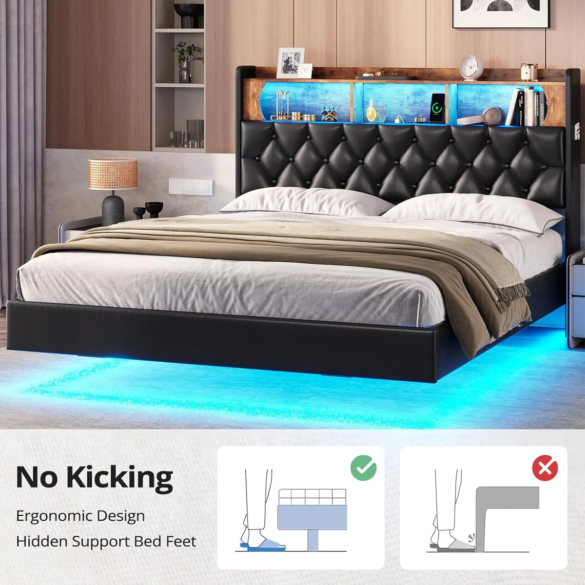 Queen Size Upholstered Platform Bed with LED Light Charging Station Storage Headboard Linen Fabric Dark Grey C6031