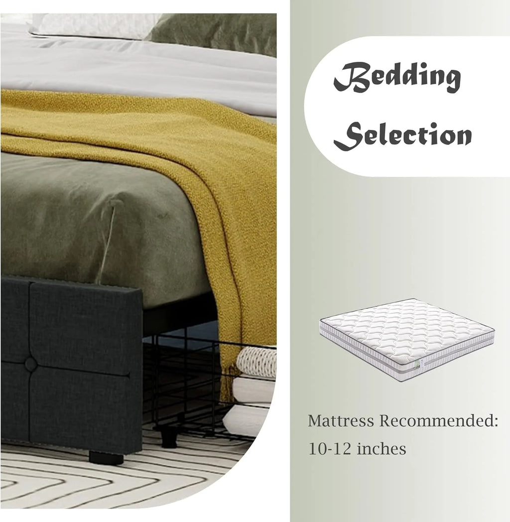 Linen Upholstered Queen Size Platform Bed Frame with 4 Storage Drawers O130761