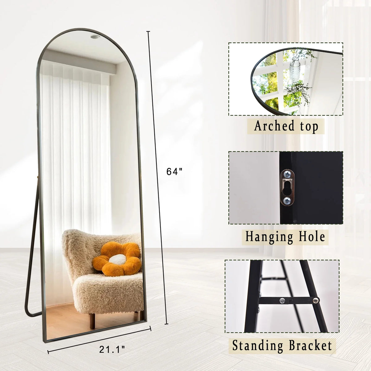 Black 64x21.1 Arched Full Length Floor Mirror H676654