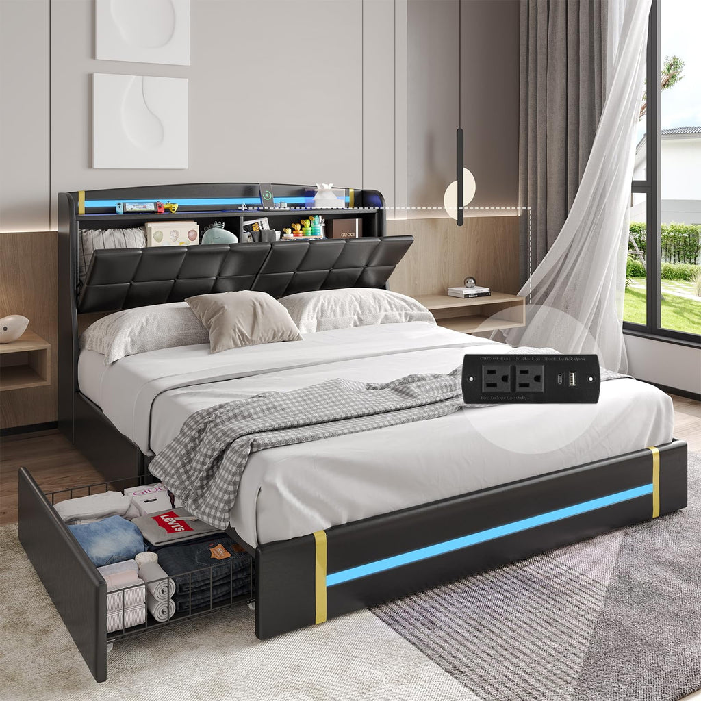 Queen Bed Frame with LED Lights and Charging Station, Upholstered Platform Bed Frame with Hidden Storage and 4 Drawers, Black T81312
