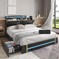 Queen Bed Frame with LED Lights and Charging Station, Upholstered Platform Bed Frame with Hidden Storage and 4 Drawers, Black T81312