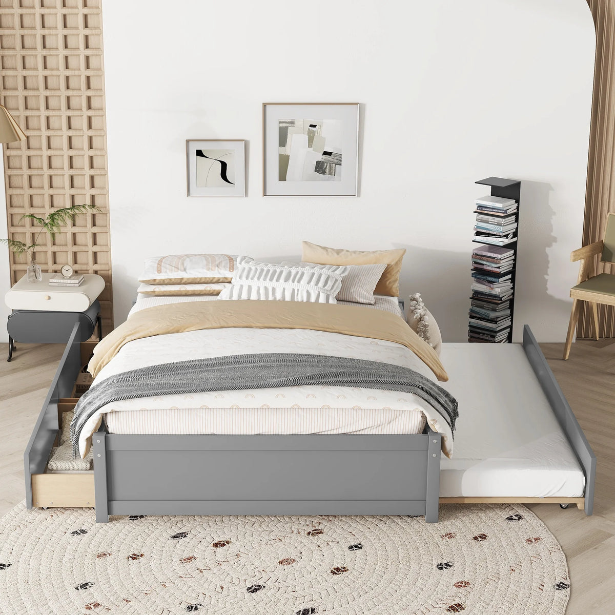 Beige Queen Size Upholstered Platform Bed Frame with Wooden Slats X91000