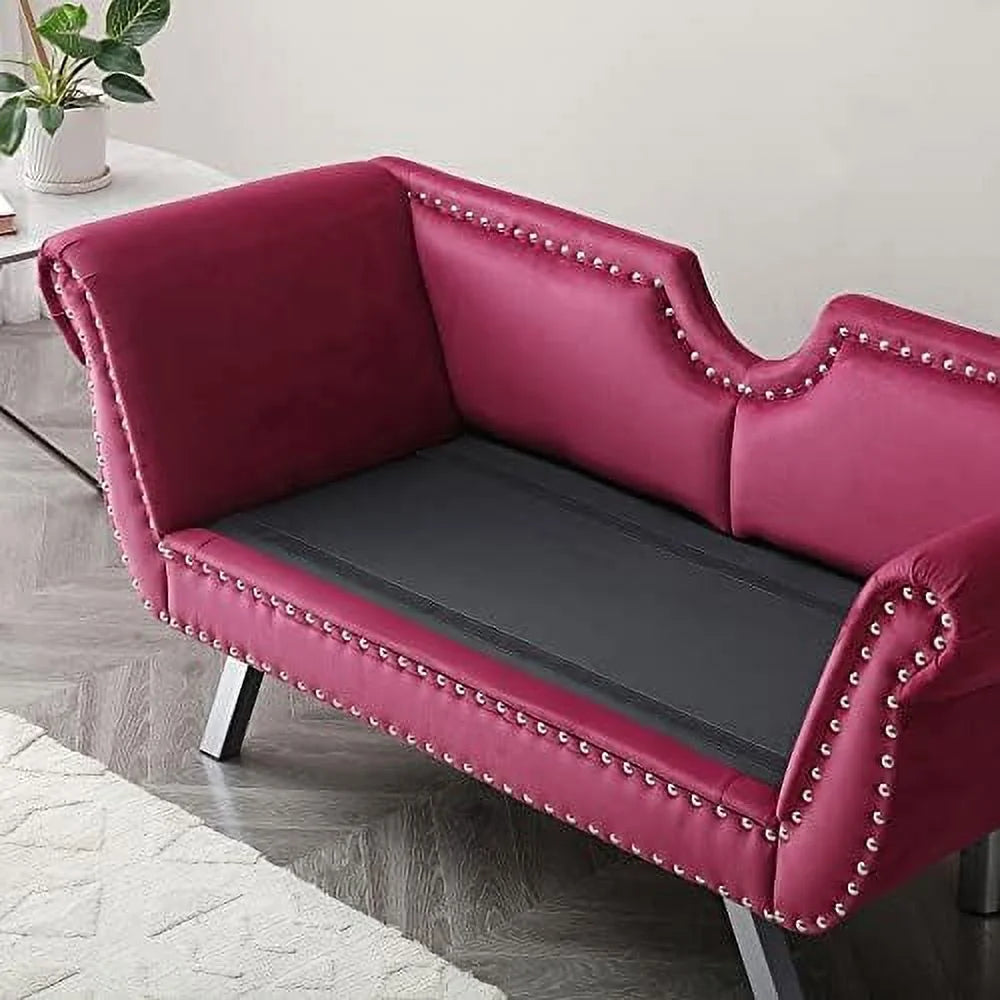 Velvet Ottoman Bench with Back and Silver Metal Legs S411006