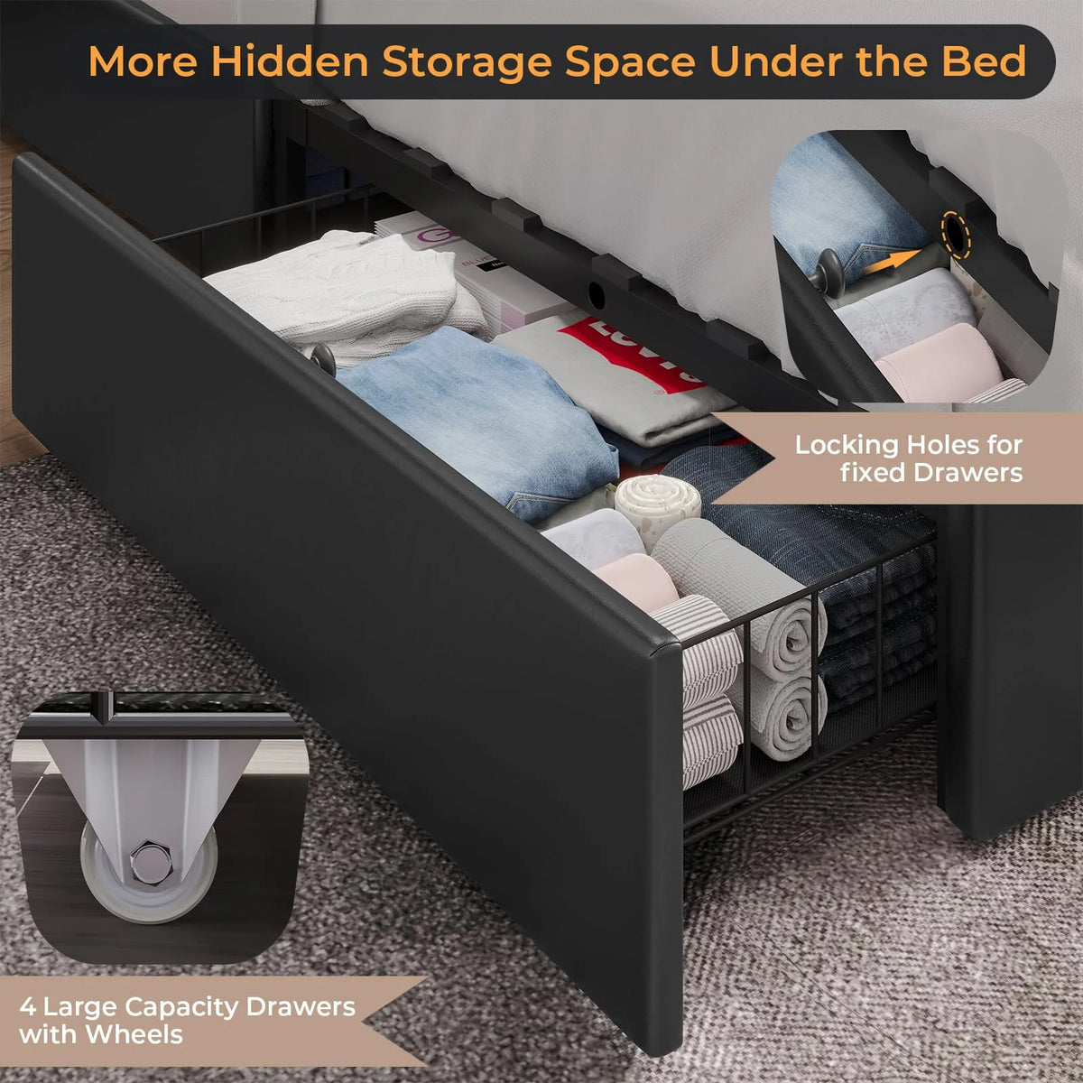 Queen Bed Frame with LED Lights and Charging Station, Upholstered Platform Bed Frame with Hidden Storage and 4 Drawers, Black T81312