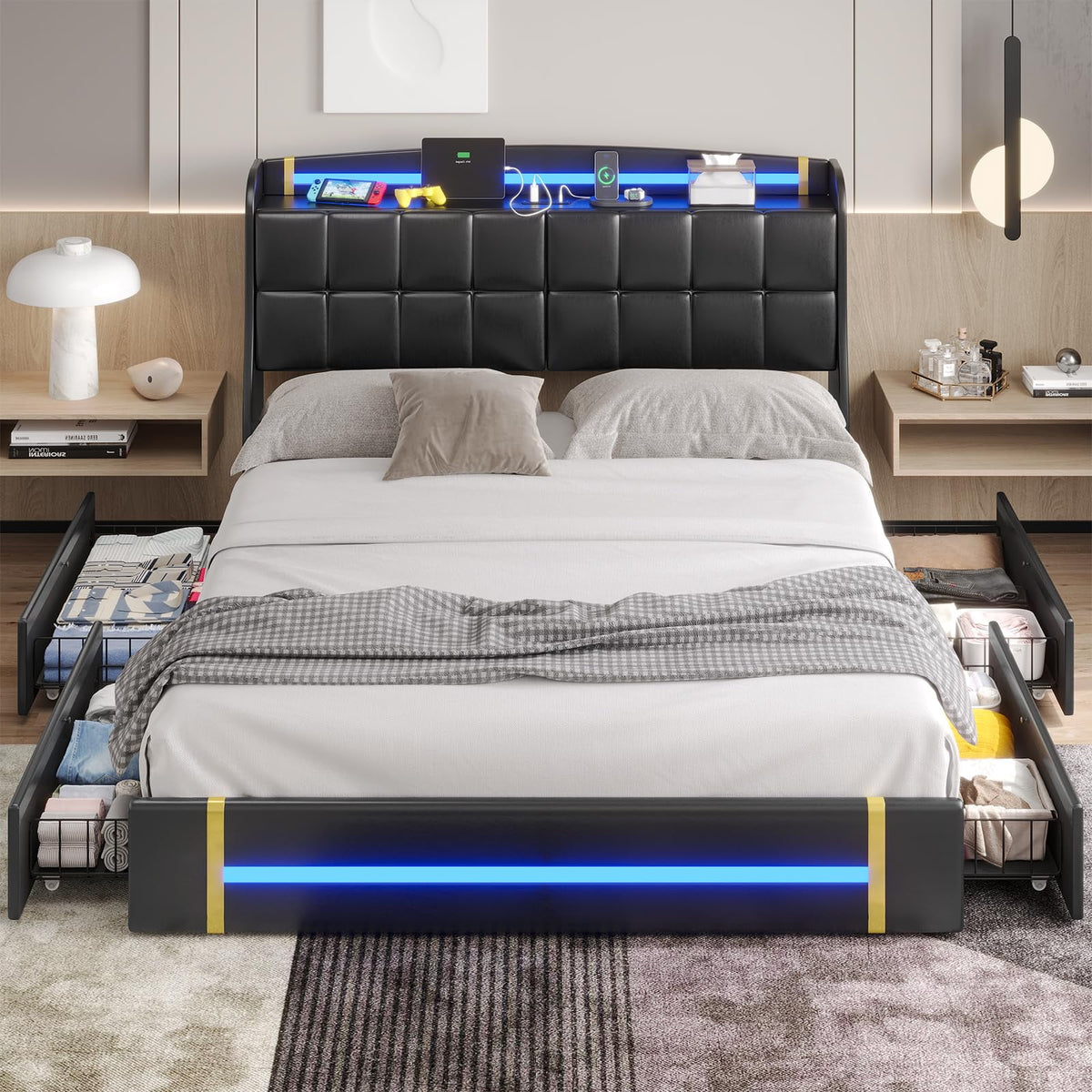 Queen Bed Frame with LED Lights and Charging Station, Upholstered Platform Bed Frame with Hidden Storage and 4 Drawers, Black T81312