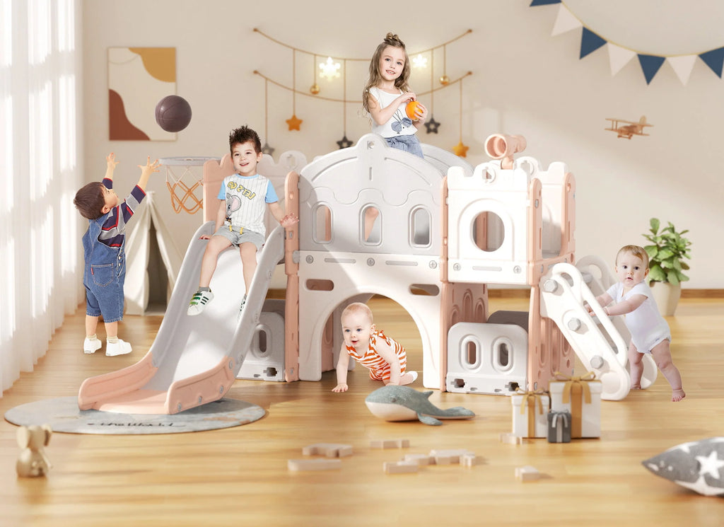 8 in 1 Toddler Slide with Climber and Basketball Hoop J19698