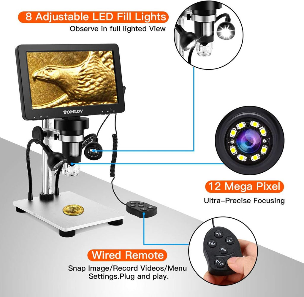 7" LCD Digital Microscope 1200X 1080P Video Microscope with Metal Stand W378