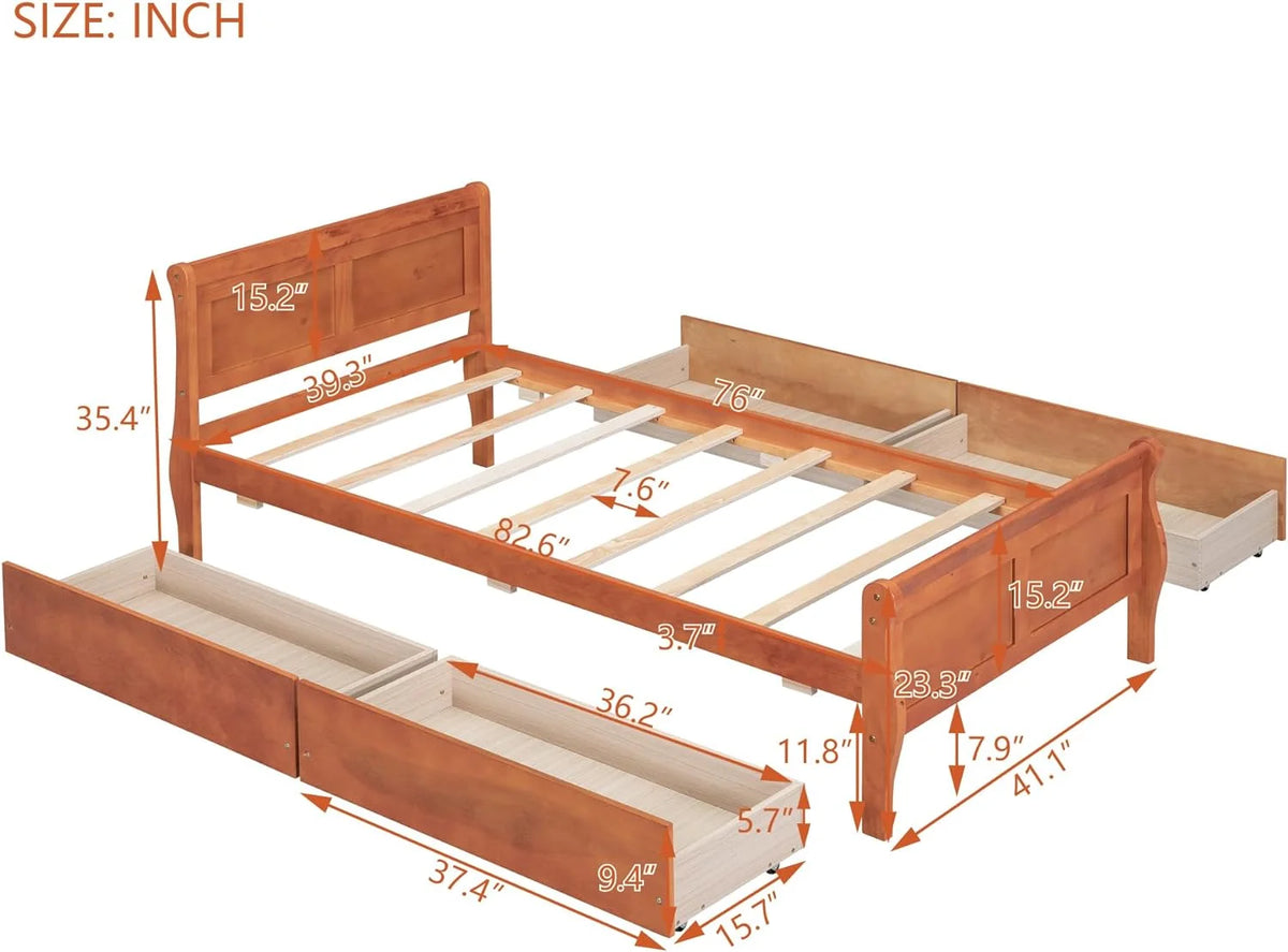 Wood Platform Bed with 4 Storage Drawers K9245