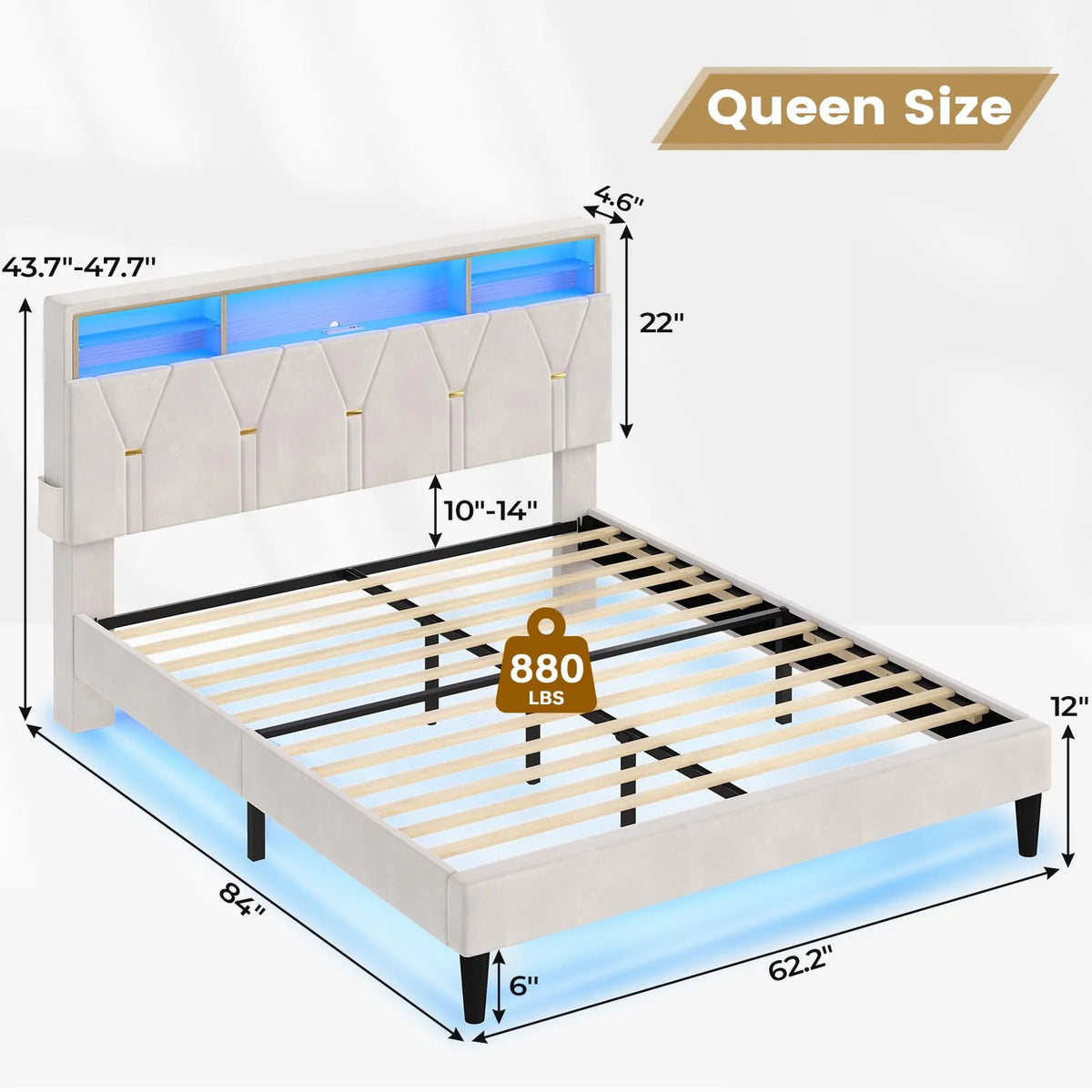 Queen Size Dark Gray Bed Frame with Bookcase Headboard and USB Ports W3766