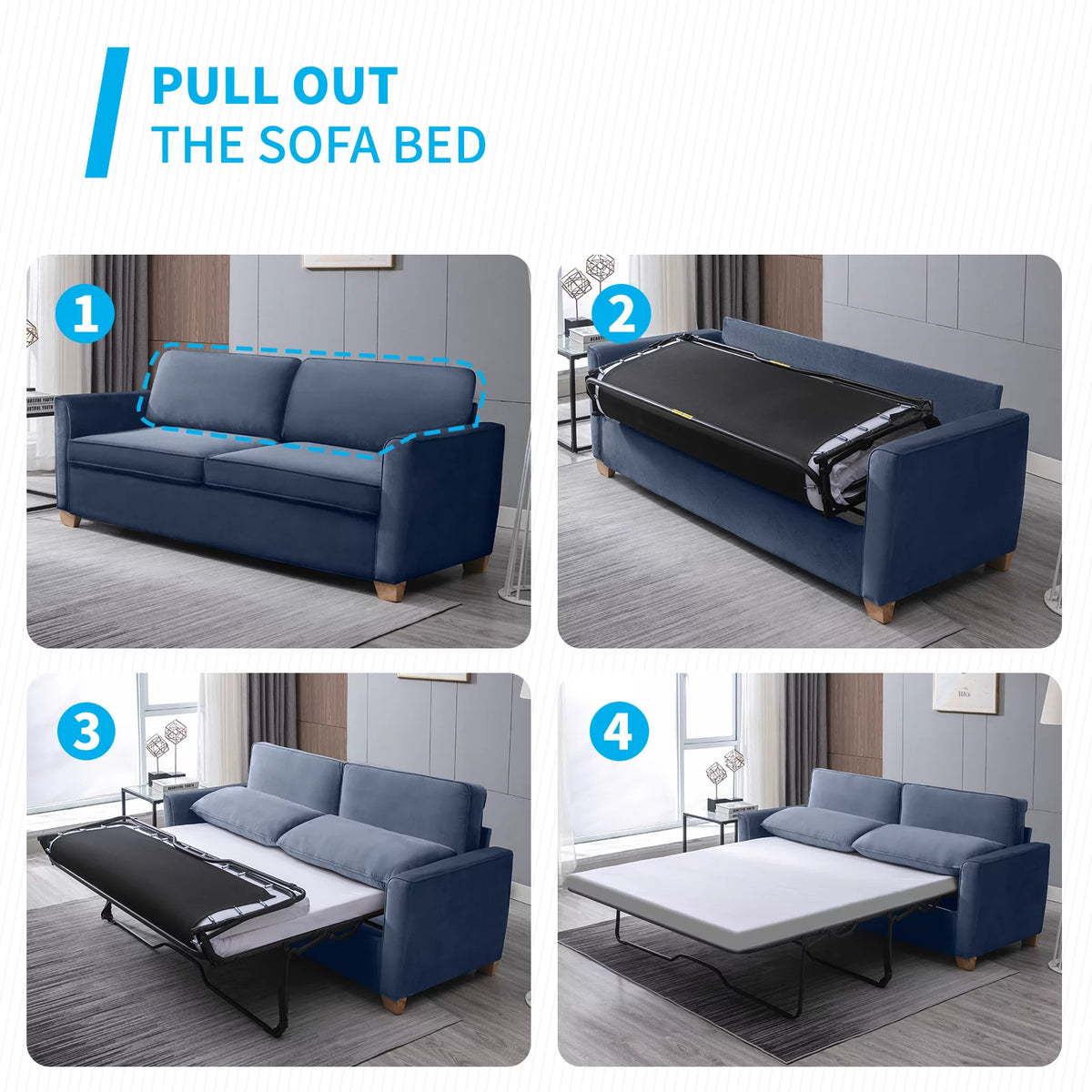 Baby Blue Memory Foam Pull Out Sofa Bed X3624
