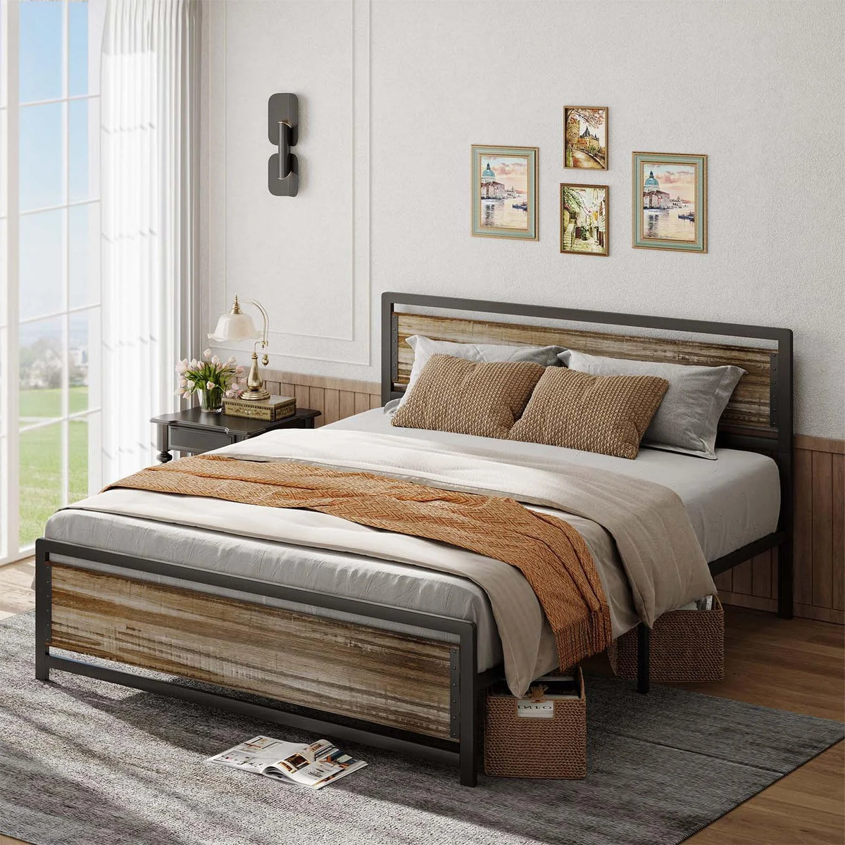 Full Size Bed Frame with Headboard, Under-Bed Storage, Gray E199
