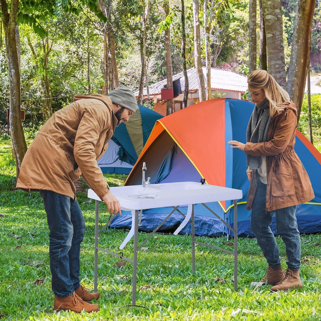 Portable Folding Camping Sink Table with Faucet and Dual Water Basins Y33853