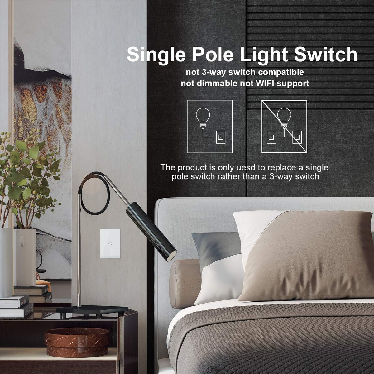White 1 Gang 1 Way Tempered Glass Touch Light Switch, 2 Pack S5220