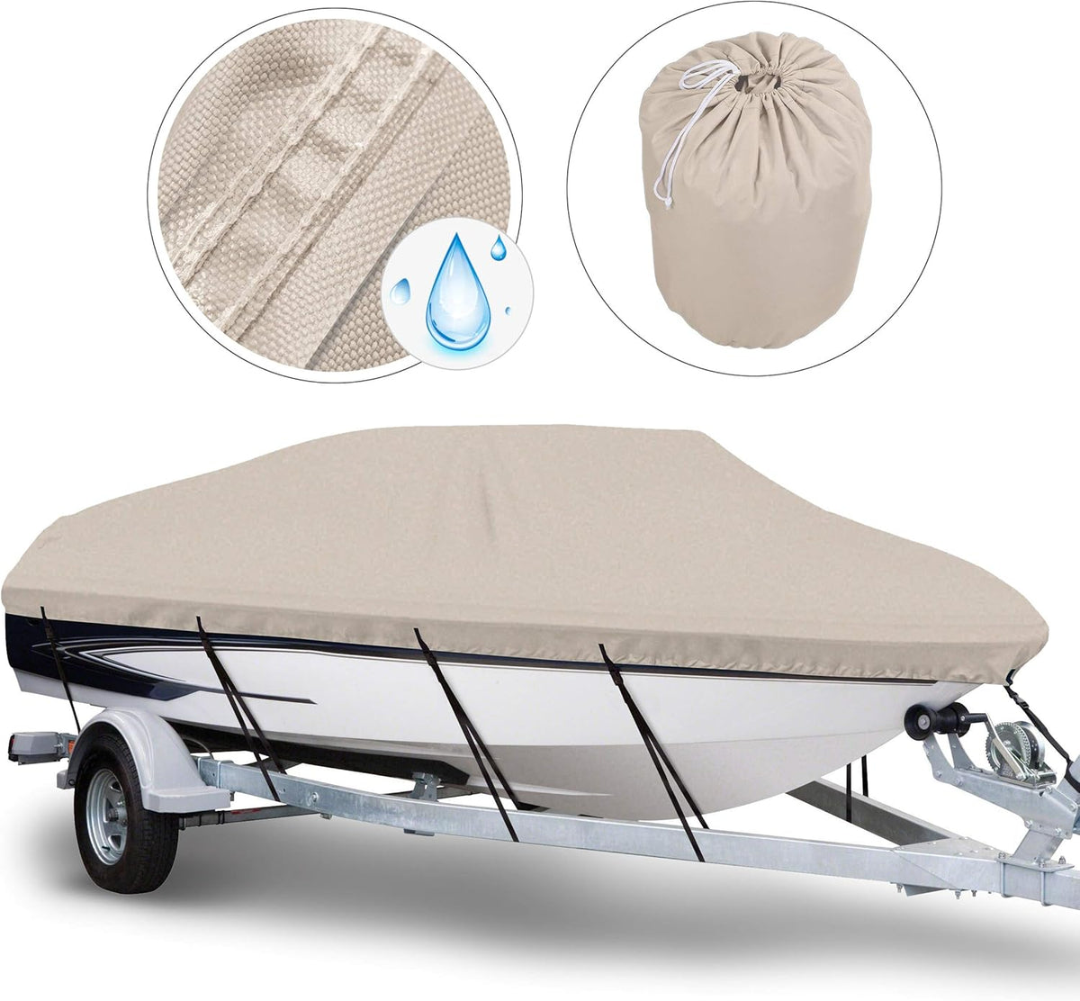 Waterproof Trailerable Boat Cover, Fits 17-19 ft V-Hull Tri-Hull Runabouts X600710