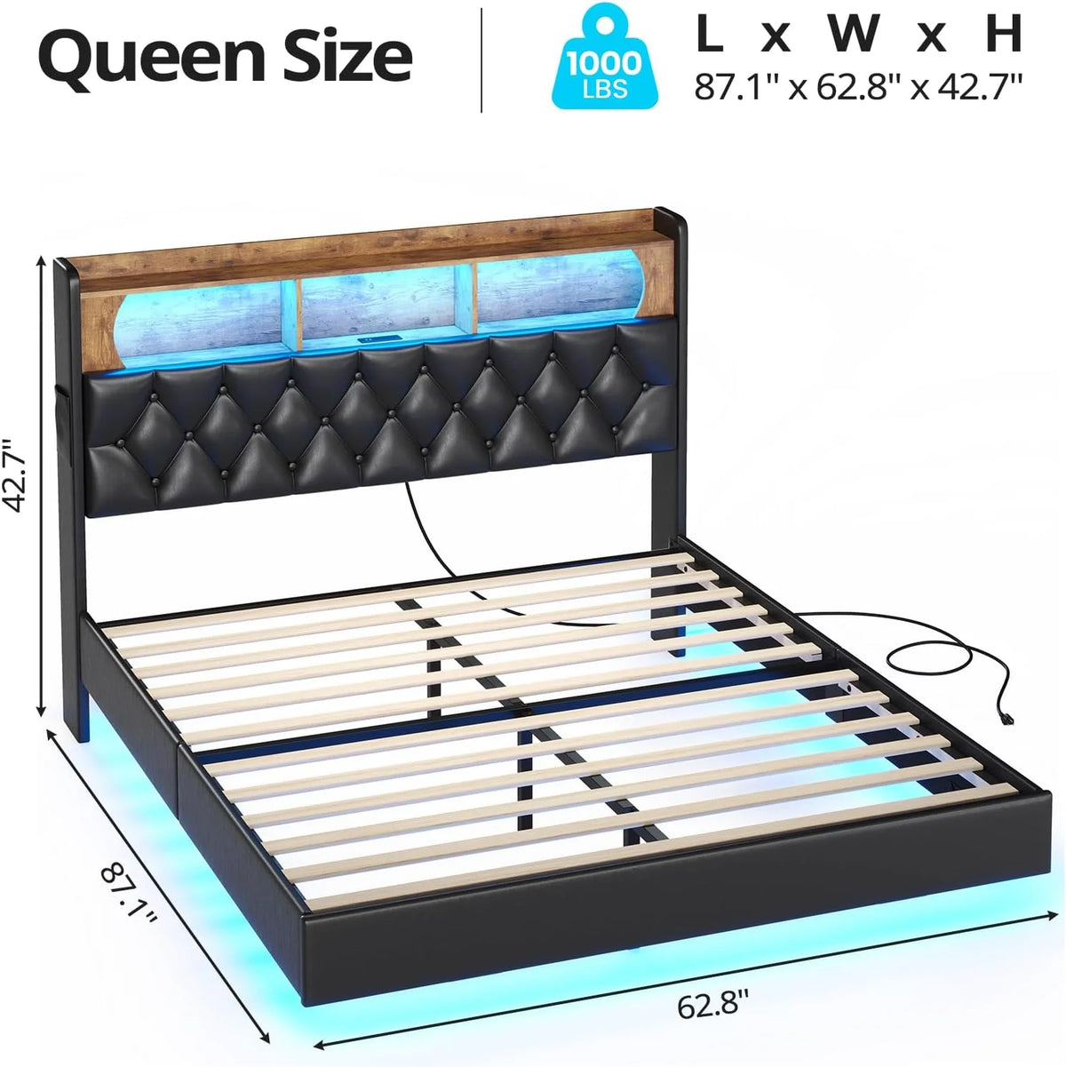 Queen Size Upholstered Platform Bed with LED Light Charging Station Storage Headboard Linen Fabric Dark Grey C6031