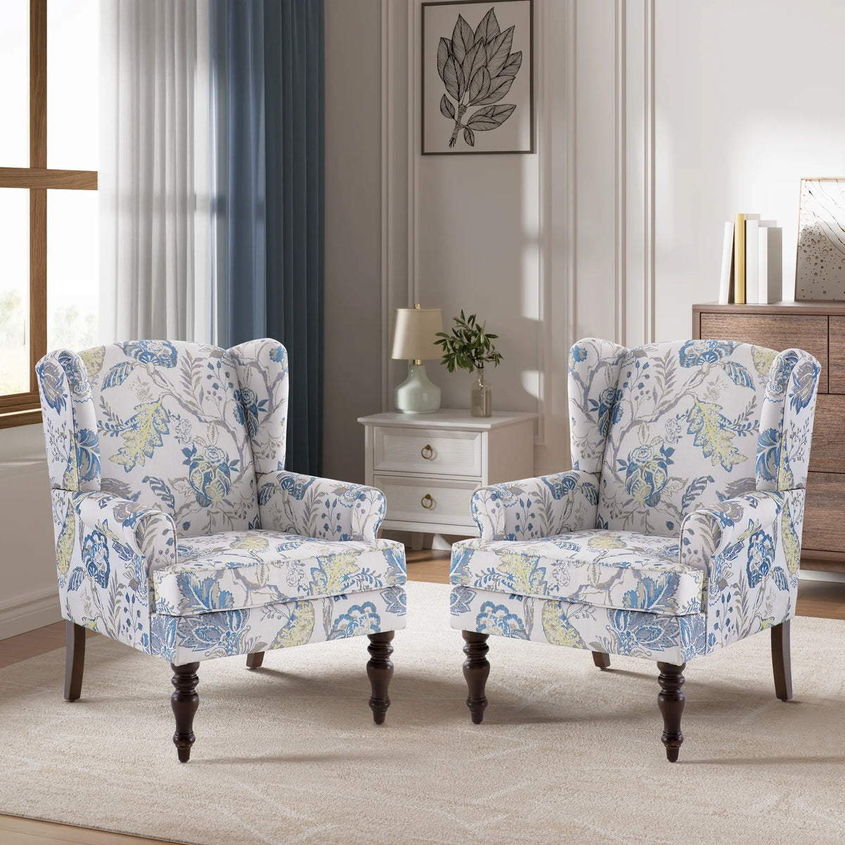 Blue Floral Pattern Fabric Wingback Accent Chair with Wooden Legs L997503