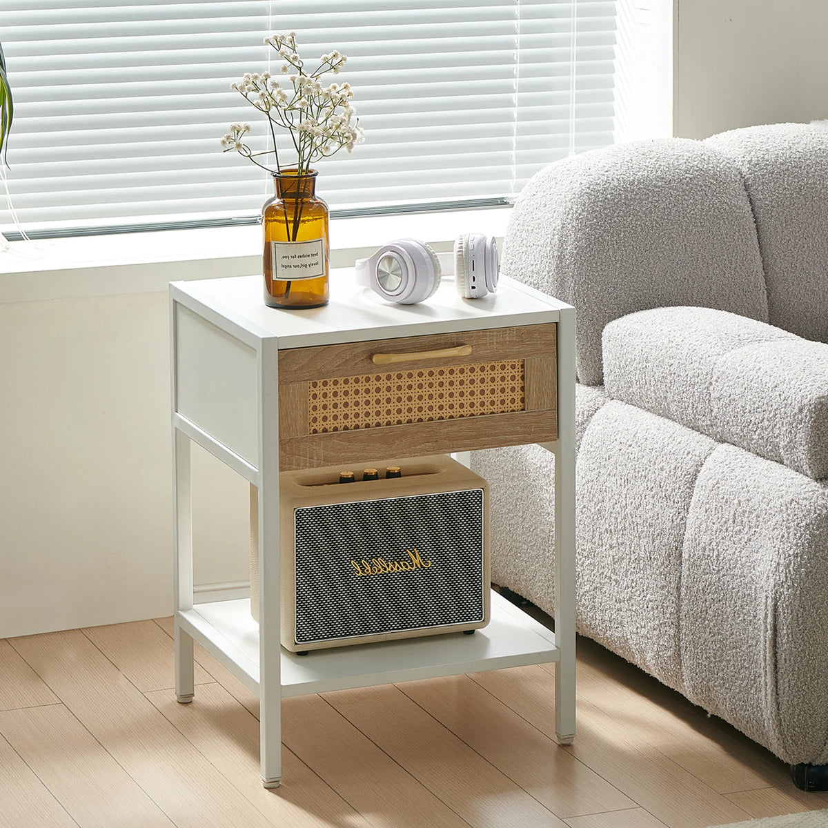 15.74" White Rattan Nightstand with Drawer E41212