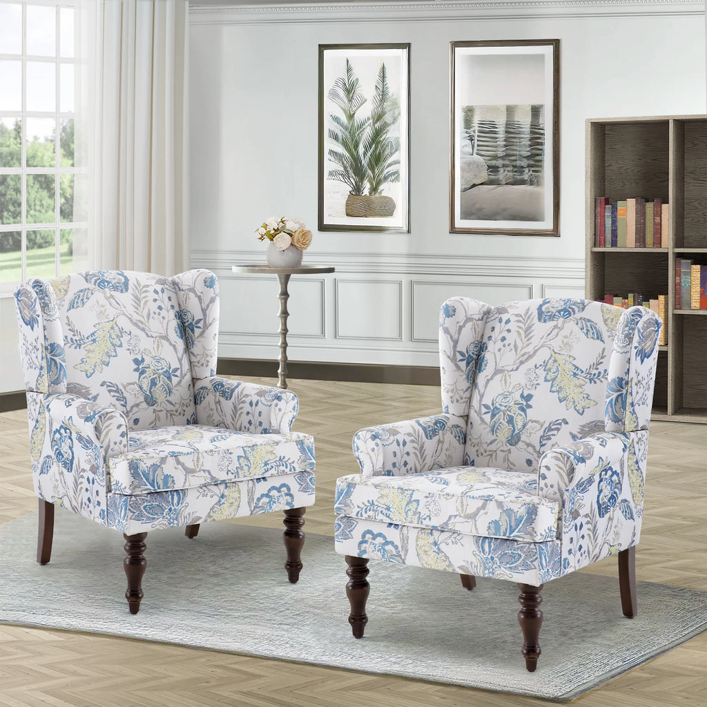 Blue Floral Pattern Fabric Wingback Accent Chair with Wooden Legs L997503