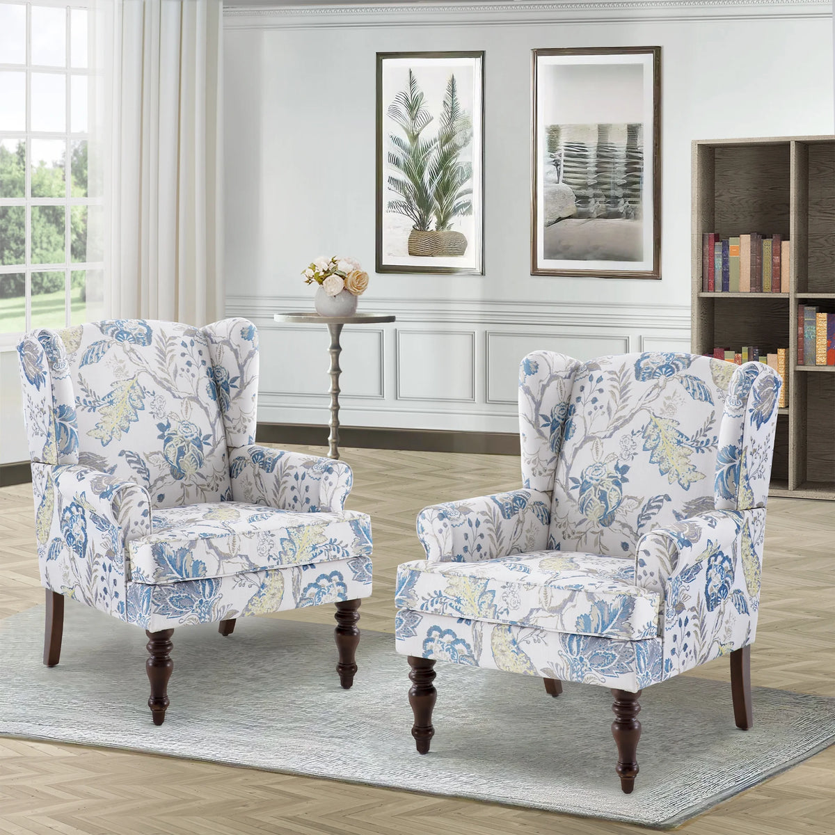 Blue Floral Pattern Fabric Wingback Accent Chair with Wooden Legs L997503