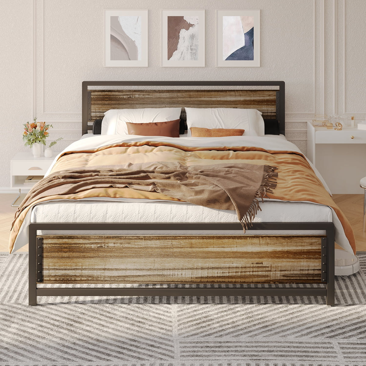 Full Size Bed Frame with Headboard, Under-Bed Storage, Gray E199