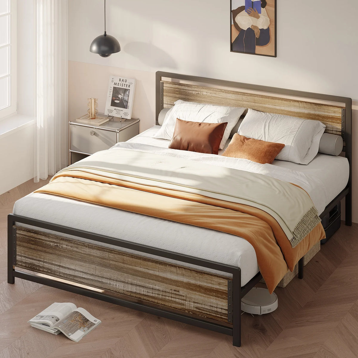 Full Size Bed Frame with Headboard, Under-Bed Storage, Gray E199