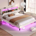 Queen Size Dark Gray Bed Frame with Bookcase Headboard and USB Ports W3766